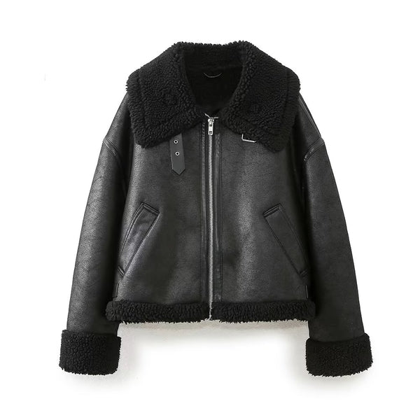 FALL-WINTER DOUBLE-FACED FAUX LEATHER POLO COLLAR JACKET